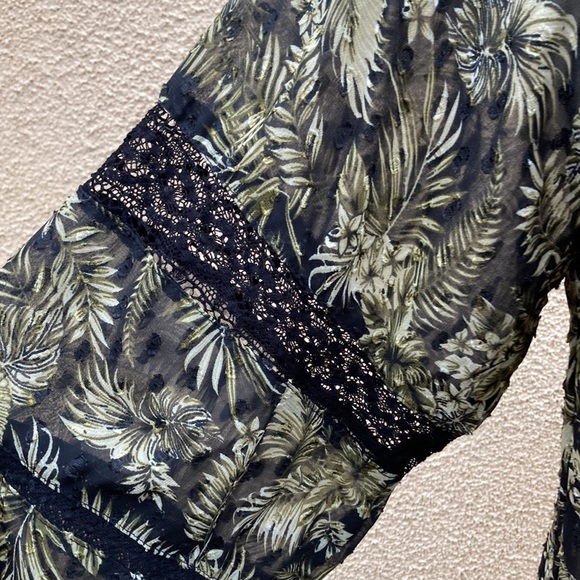 Zara Raised Velvet Sheer Crochet Bishop Sleeve Peasant Blouse Peek-a-Boo Yoke - Picture 3 of 9